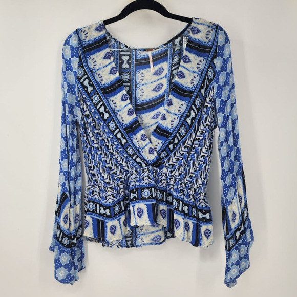 Free People Tops - FREE PEOPLE Rosalie Indigo Combo Blue Faux Wrap Top Blouse Size Medium Boho